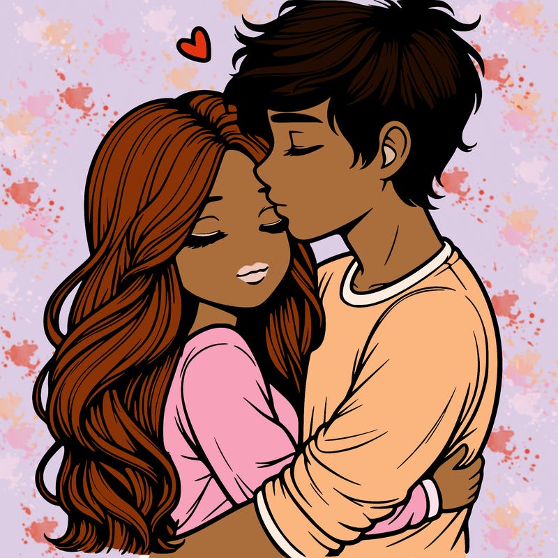 a realistic couple boy and girl hugging and kissing