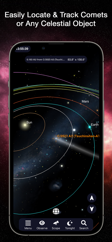 SkySafari 7 Pro - SkySafari 7 Pro app interface showing solar system orbital paths and tracking for comet C/2023 A3.