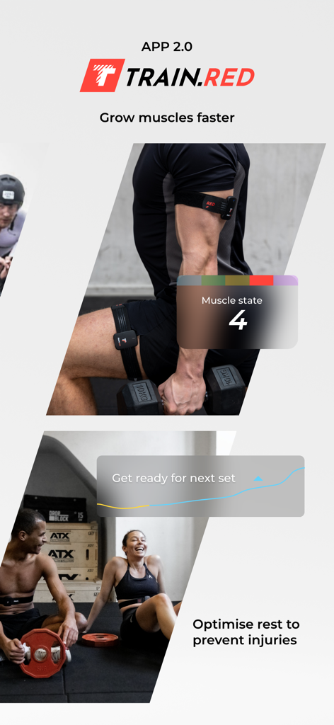 Athletes using Train.Red NIRS sensors and the app to monitor muscle states and optimize recovery between sets in a gym
