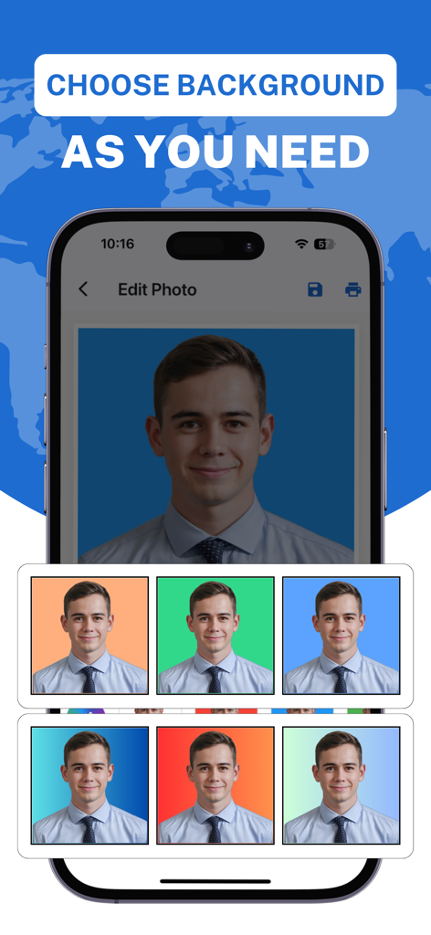 Passport Photo ID Visa Maker - Écran de smartphone montrant différentes options de couleur d'arrière-plan pour une photo de passeport professionnelle.
