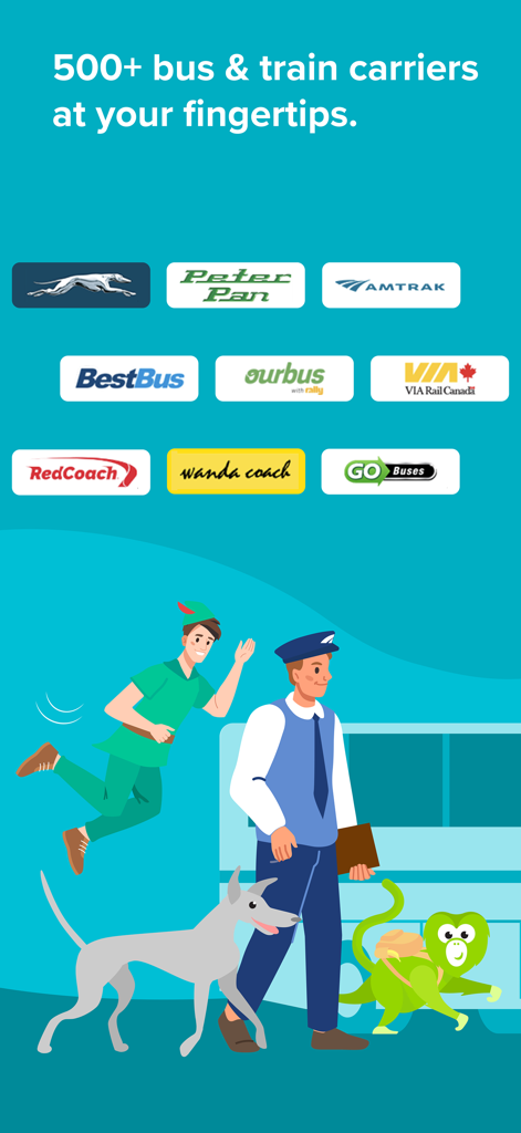 Wanderu app illustration showing logos of various bus and train carriers like Amtrak and Greyhound