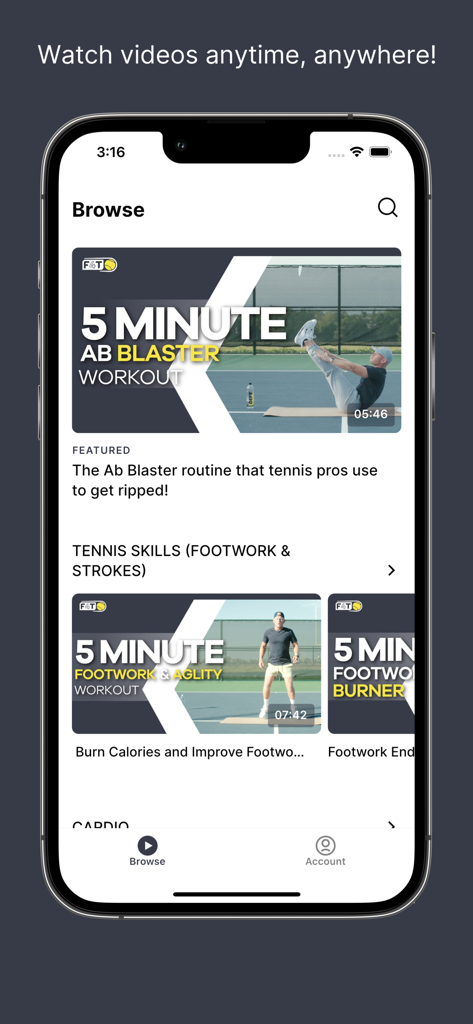 Fit4Tennis - Écran de navigation des entraînements de l'application Fit4Tennis affichant des vidéos d'exercices spécifiques au tennis comme Ab Blaster et Footwork training.