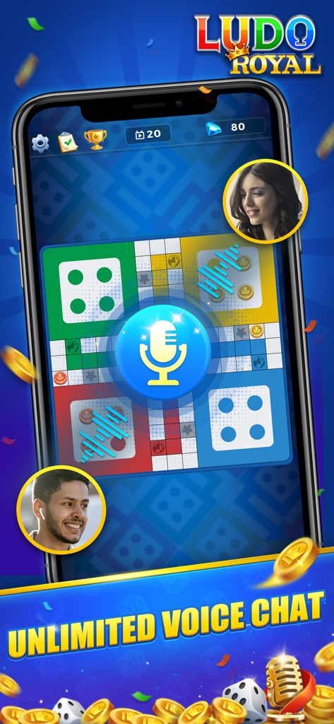 Ludo Royal mobile game interface featuring unlimited voice chat and social play