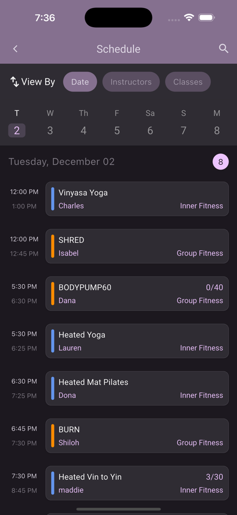 VIDA Fitness app class schedule interface displaying workout times and instructors for yoga and group classes