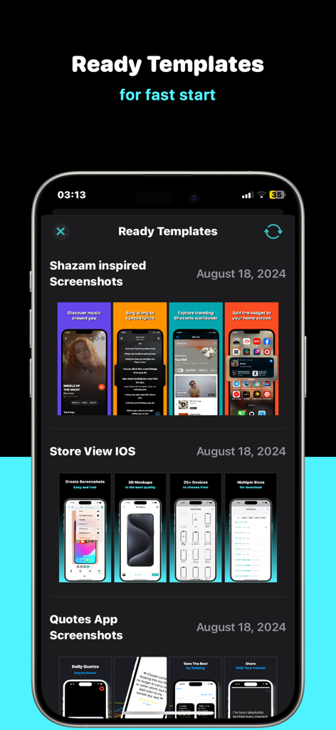 StoreView: App Screenshot Tool - Interfaz de la app StoreView mostrando una selección de plantillas de capturas de pantalla listas para usar para diferentes categorías de apps.