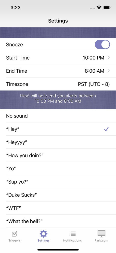 Settings screen of the Hey on Fark app showing notification snooze schedule and humorous custom alert sound options.