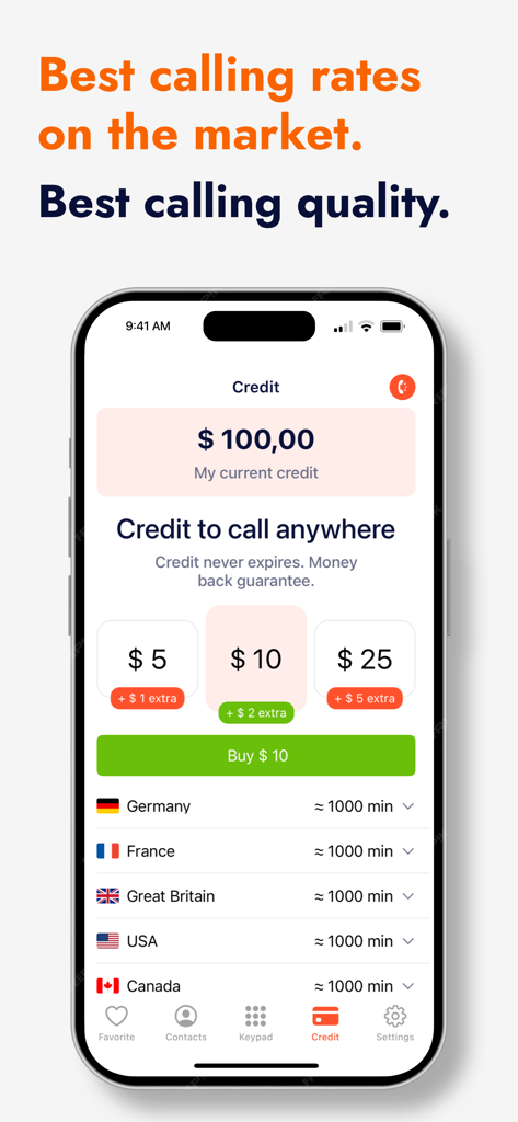 mytello app screenshot showing international calling credit balance and rates for countries like Germany and France