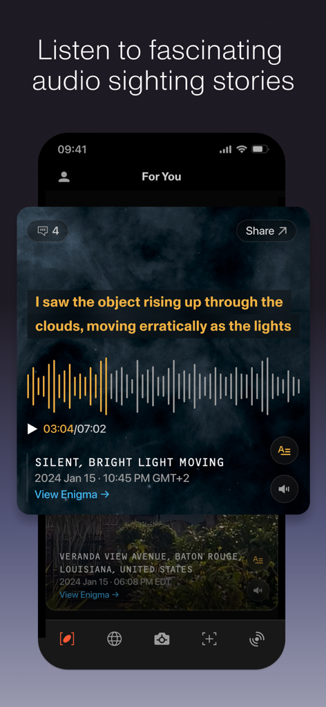 Bildschirm der mobilen App, der eine Audioaufnahme einer UFO-Sichtung mit einer Wellenform und einer Benutzergeschichte zeigt.