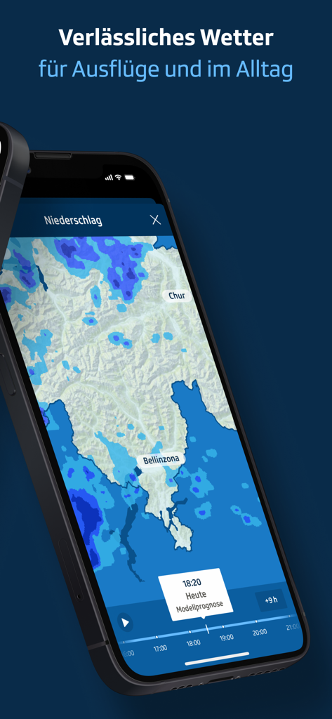 SRF Meteo - Wetter Schweiz - Precipitation radar map on the SRF Meteo app showing weather patterns over Switzerland.