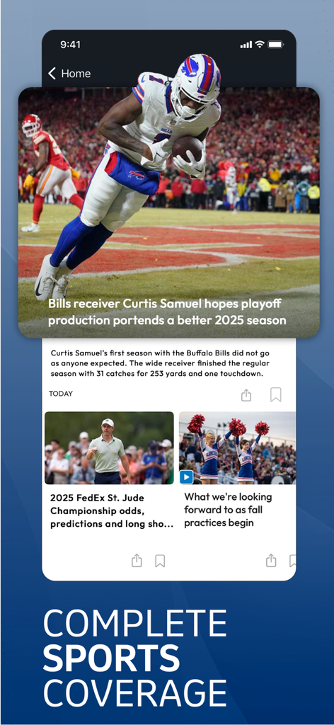 The Buffalo News App - The Buffalo News app showing complete sports coverage including Buffalo Bills news and headlines.