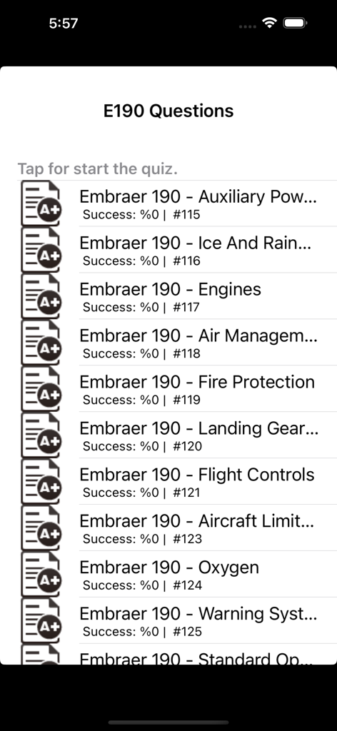 A list of study categories for Embraer 190 aircraft systems including engines and flight controls