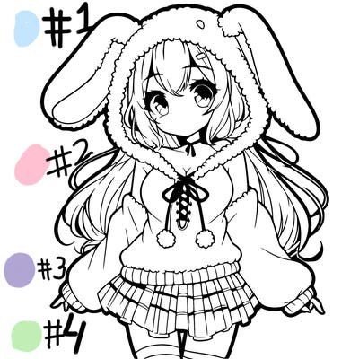 pretty anime girl wearing a fluffy hoodie with bunny ears on the hood and a skirt