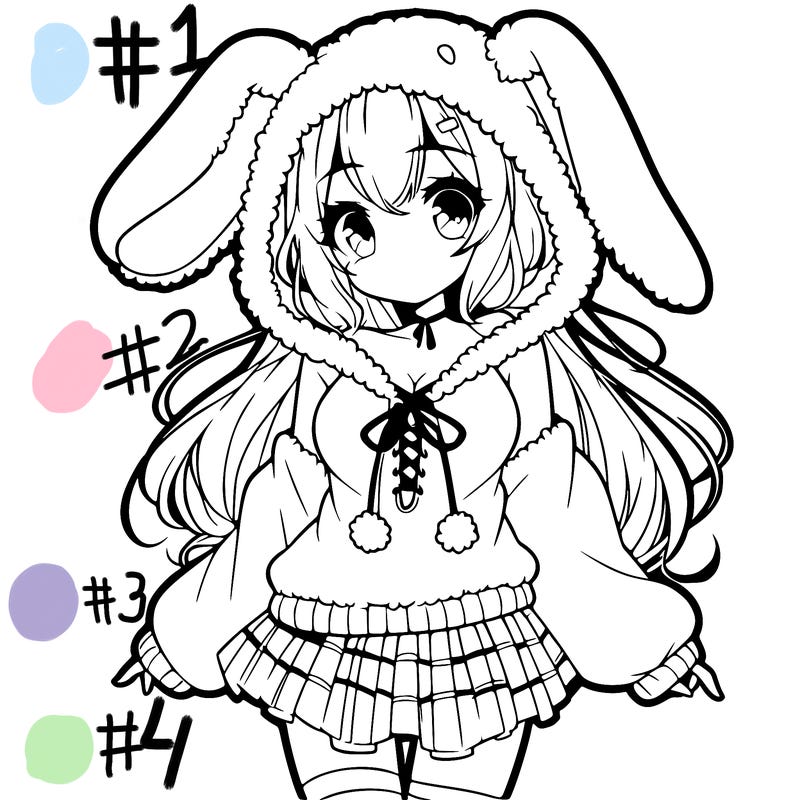 pretty anime girl wearing a fluffy hoodie with bunny ears on the hood and a skirt