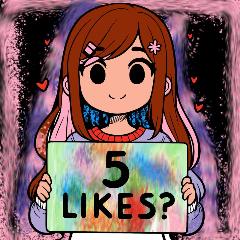 girl holding a sign that says 5 likes?