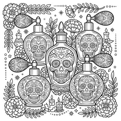 Immerse yourself in a creative celebration of life and remembrance with this unique coloring page. Adorn elegant perfume bottles featuring intricate Day of the Dead sugar skull motifs, surrounded by beautiful marigolds.
