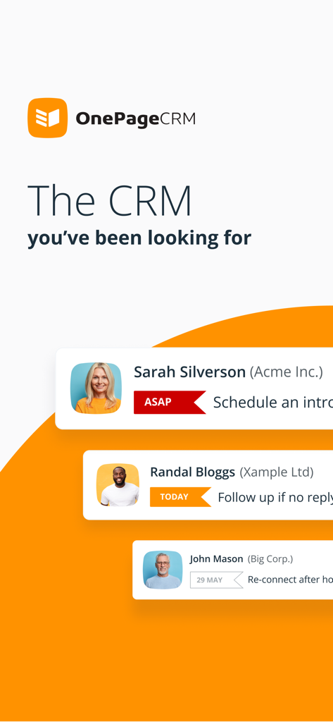 OnePageCRM - Simple CRM System - OnePageCRM mobile app showing contact follow up tasks and reminders