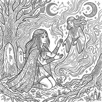 Immerse yourself in the ancient arts with this captivating adult coloring page featuring a spirit witch in a moment of deep communion. Discover intricate details, mystical symbols, and a powerful connection to the ethereal realm, perfect for mindful coloring.