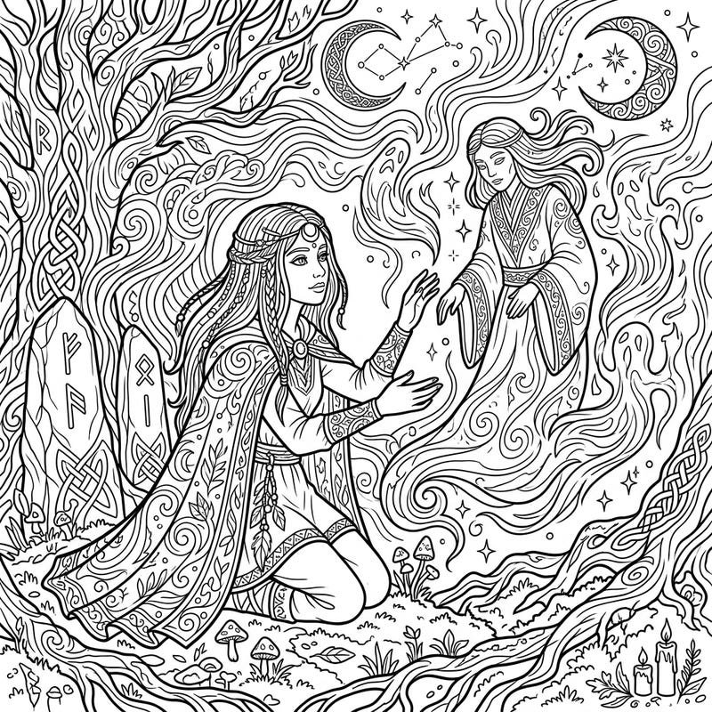 Immerse yourself in the ancient arts with this captivating adult coloring page featuring a spirit witch in a moment of deep communion. Discover intricate details, mystical symbols, and a powerful connection to the ethereal realm, perfect for mindful coloring.