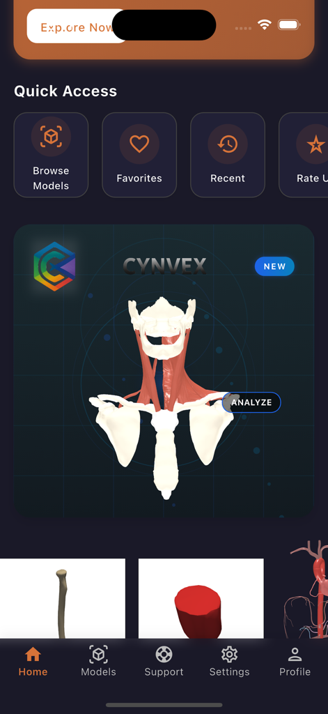 Schermata principale dell'app Anatomia 3D con un modello 3D del collo umano e strumenti di accesso rapido