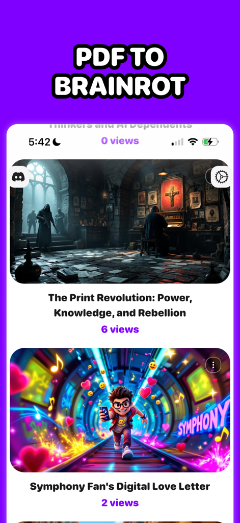 Mobile app interface showing educational PDFs converted into viral style brainrot videos