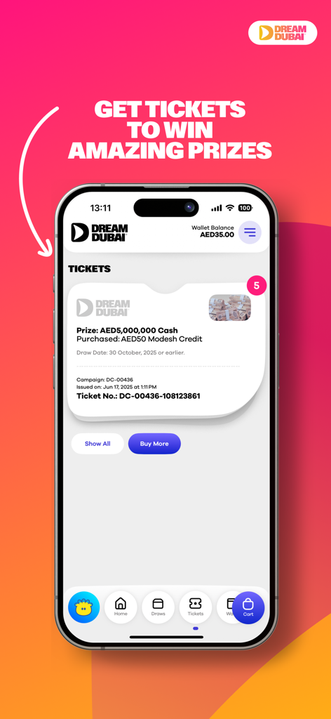Dream Dubai mobile App-Bildschirm, der ein digitales Ticket für eine Bargeld-Preisverlosung von fünf Millionen zeigt