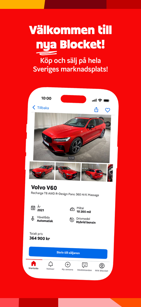 Blocket mobile app interface showing a red Volvo V60 car listing with price and technical details