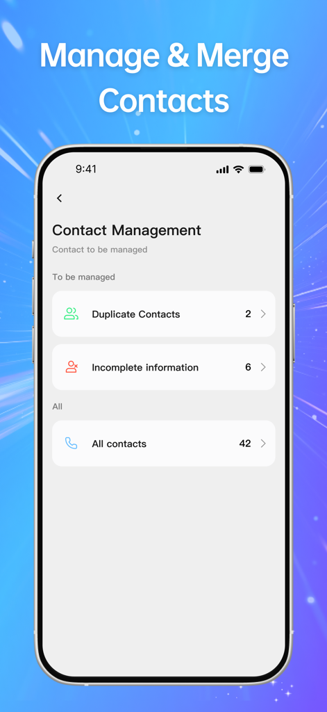 Interfaz de iPhone que muestra funciones de gestión de contactos para fusionar duplicados y organizar libretas de direcciones