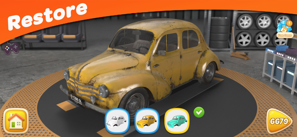 A vintage car being restored in the House Design Home Decor app garage