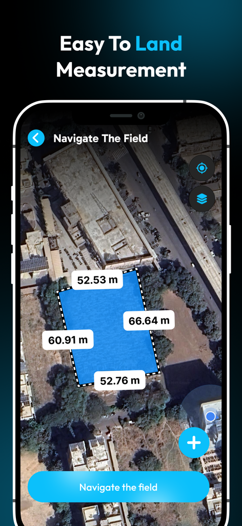 Field Navigator : Land Measure - Aplicación Field Navigator que muestra medición de terreno por satélite con dimensiones de límite