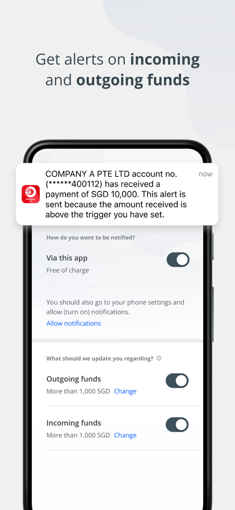 OCBC Business - OCBC Business mobile app showing a push notification for incoming funds and the notification settings menu