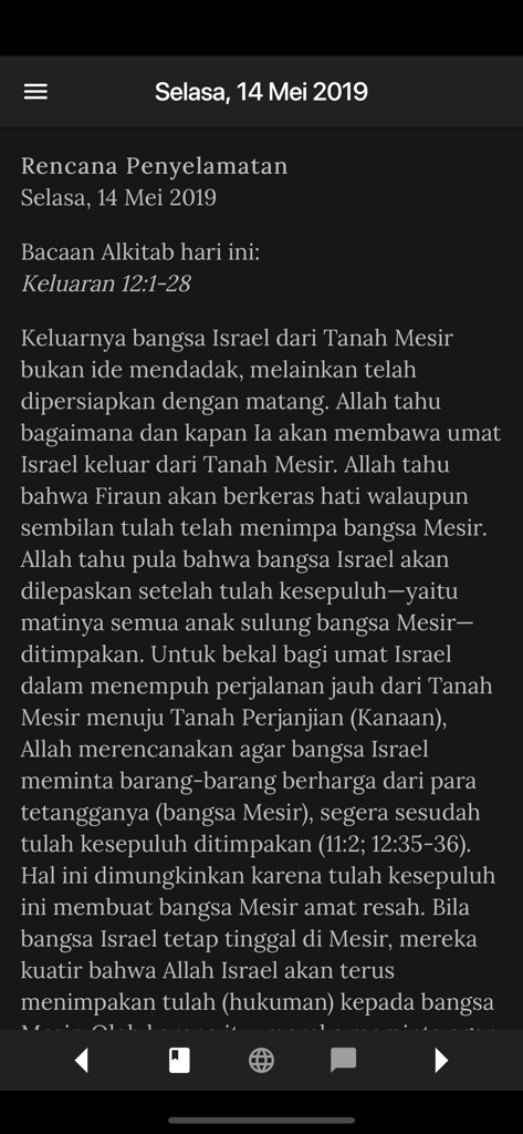 GEMA - GEMA app daily devotional reading in Bahasa Indonesia with dark mode interface