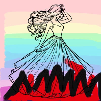 realistic woman with dress flowing in the wind