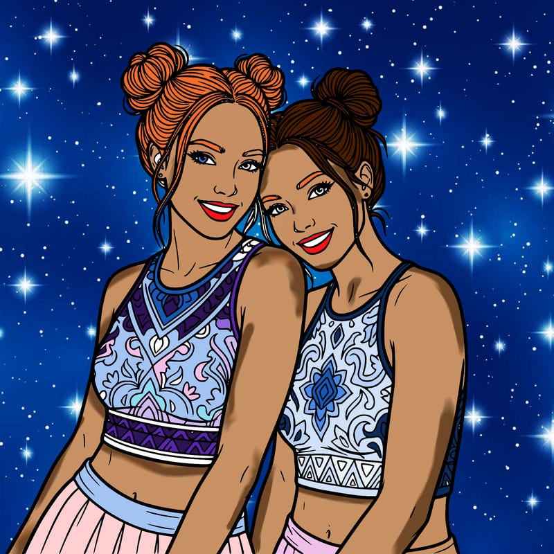 cute realistic girls with space buns wearing a crop top