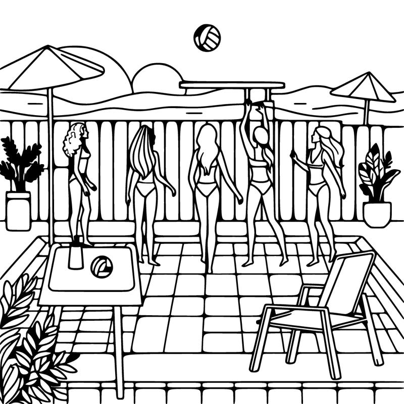 pool with girls playing volleyballs in pool