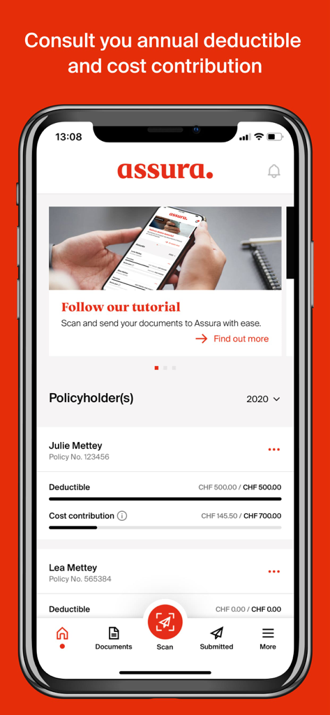 Assura - Assura app interface displaying family insurance policyholders annual deductible and cost contribution status