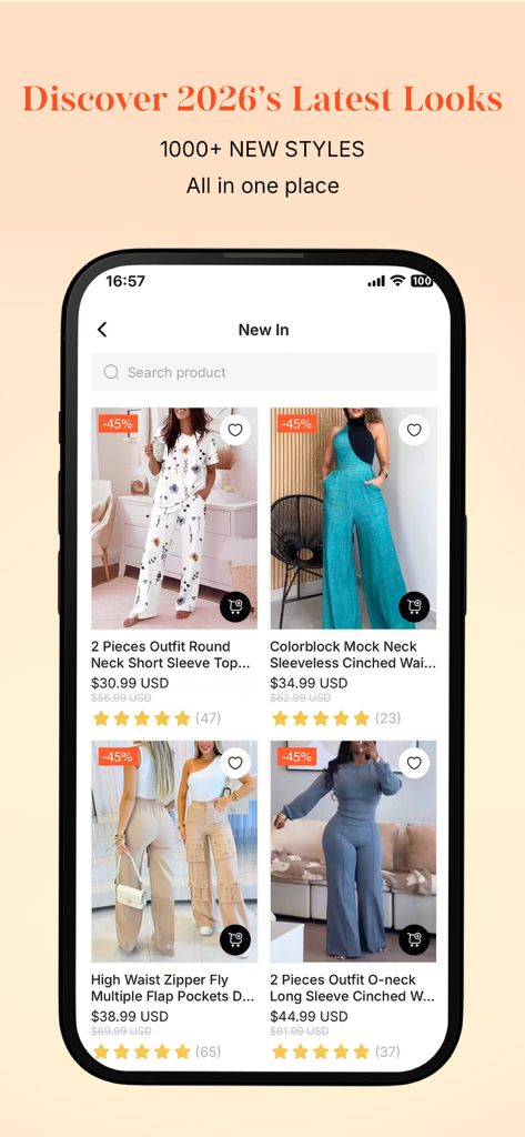 Smartphone-Bildschirm zeigt die Neuheiten-Seite der ChicMe-App mit verschiedenen trendigen Outfits und Rabattkennzeichnungen.
