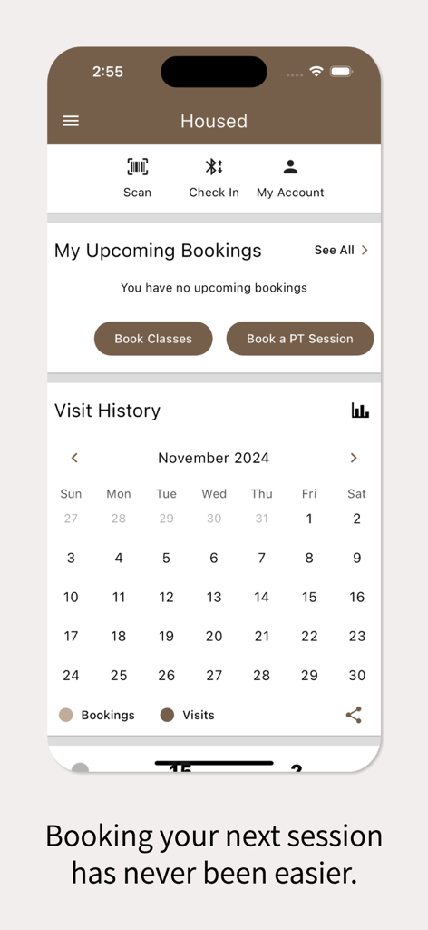 Housed - Interfaz de la aplicación Housed para reservar clases de gimnasio y ver el calendario del historial de entrenamientos