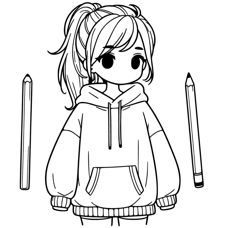 a girl with oversize sweatshirt and a ponytail