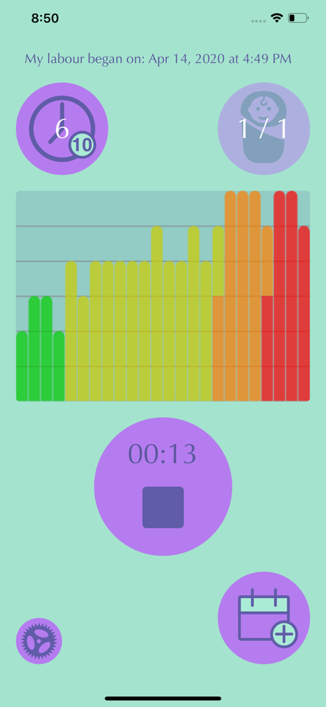 Contraction Time Tracker app screen showing a colorful bar chart and active timer for labor progress.