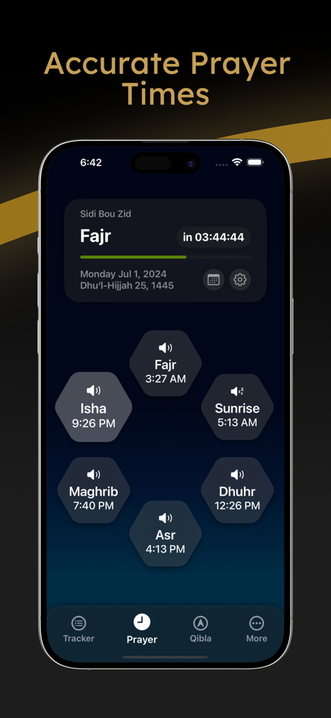 Interface do aplicativo Ihsan exibindo horários de oração precisos com um design hexagonal moderno em um iPhone