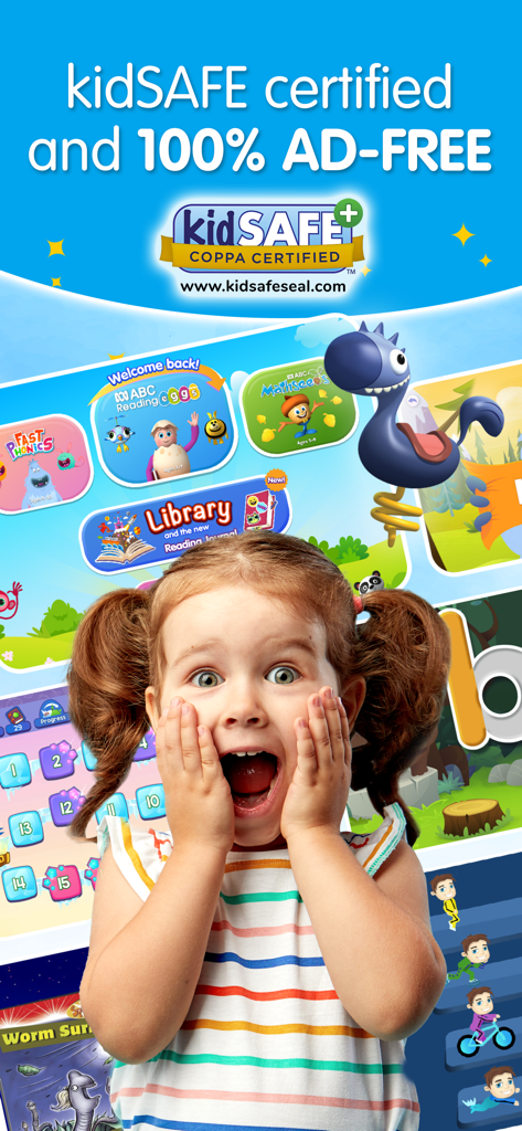 An excited young girl with the kidSAFE certified and 100 percent ad-free Reading Eggs learning app