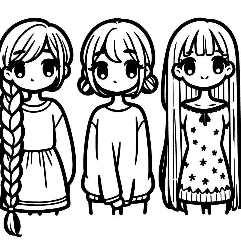 girl in a very long braid, girl with 2 side odangos, and a girl with strait long hair