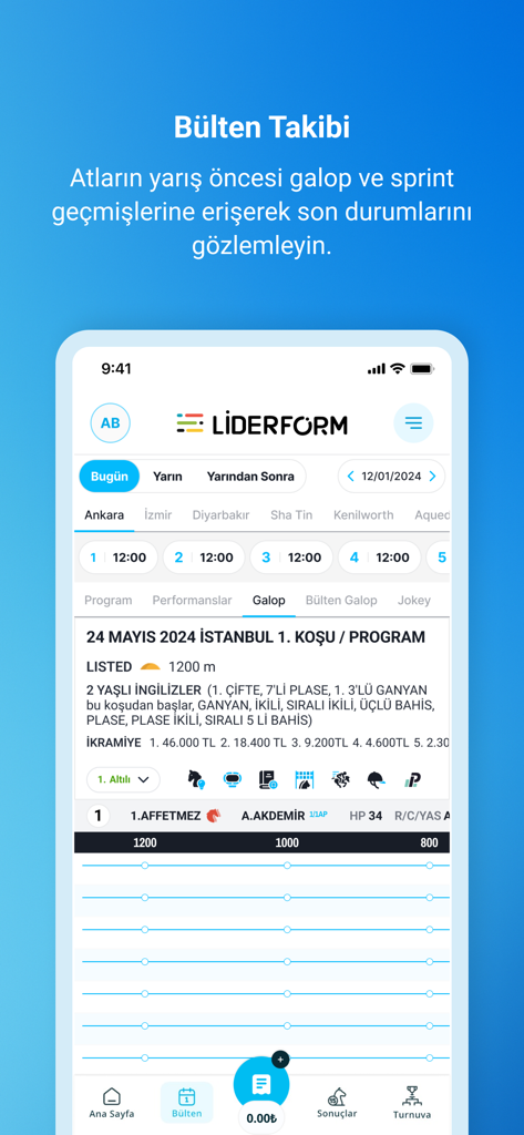 Liderform app interface displaying horse racing bulletin and galop performance data in Turkish.