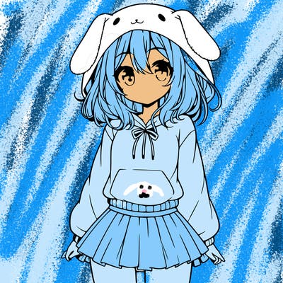 pretty anime girl wearing a fluffy hoodie with bunny ears on the hood and a skirt