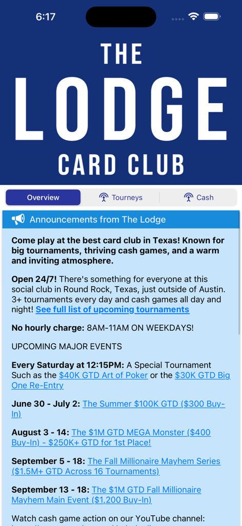 The Lodge Card Club overview screen on PokerAtlas showing upcoming tournament events and announcements