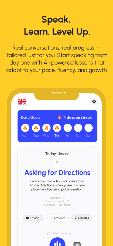LingoChatAI: Speak Confidently - LingoChatAI 앱 화면에 14일 연속 기록 및 길 묻기에 대한 수업이 표시됨.