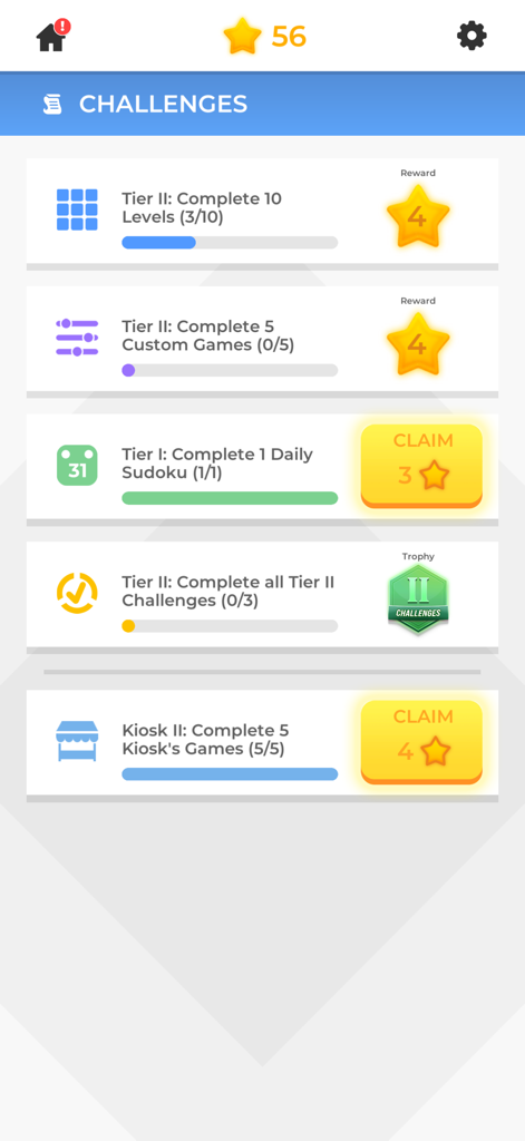 Challenges and missions screen in the Sudoku Offline app showing rewards and progress bars