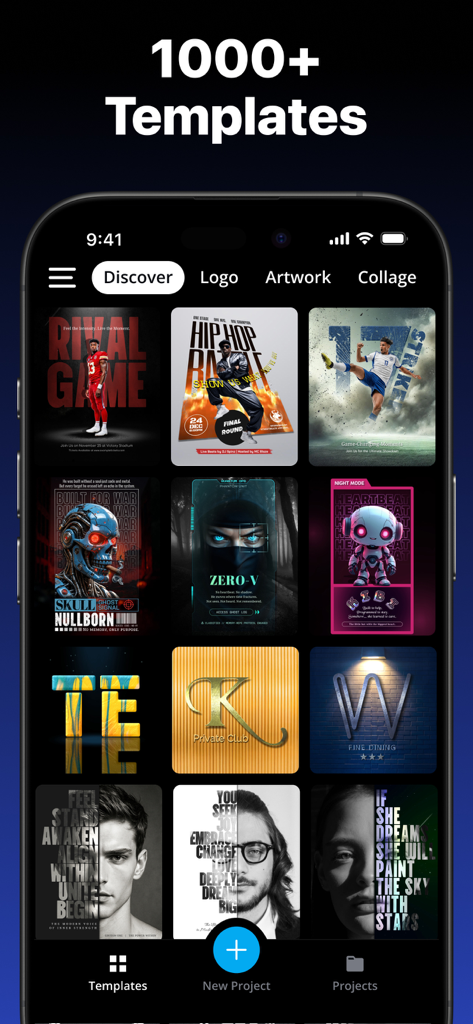 Tenada AI Photo Graphic Design - ロゴやソーシャルメディアコンテンツ用のプロフェッショナルなグラフィックデザインテンプレートの広範なライブラリを表示するモバイルアプリインターフェース。