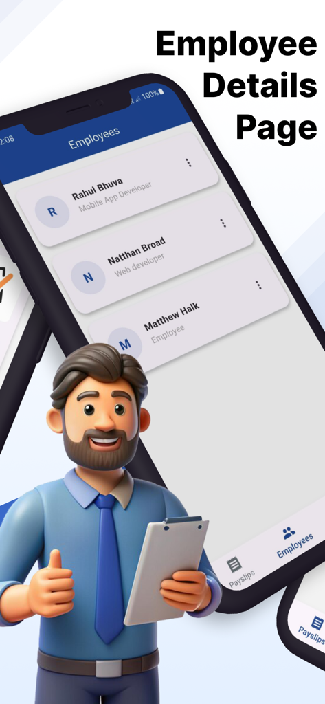 Payslip Maker: FreePayStub - Smartphone screen showing the employee details page of the Payslip Maker app with a 3D businessman character.