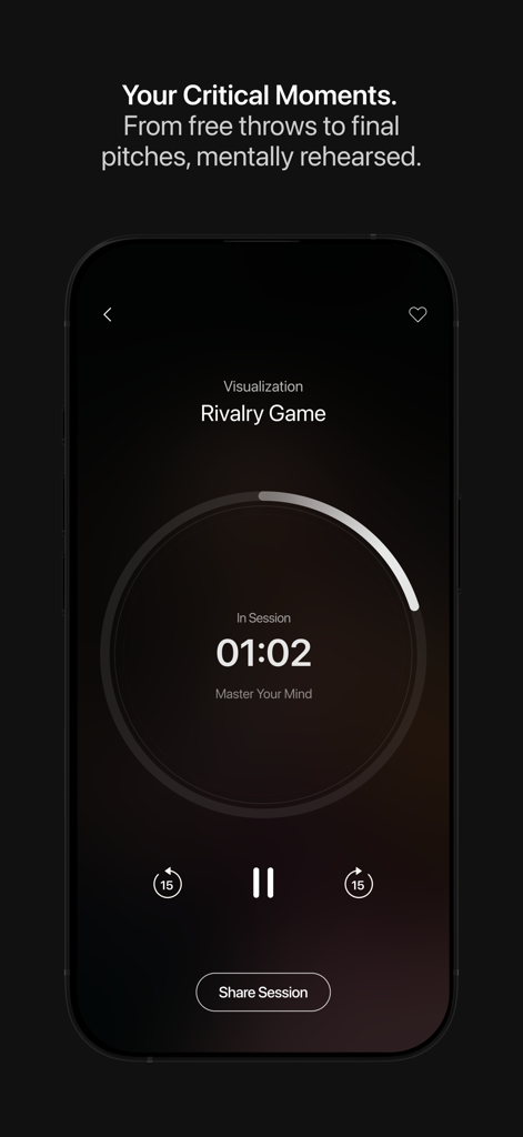 The Mastery App - Interface of The Mastery App showing a mental visualization session for a rivalry game with a timer.